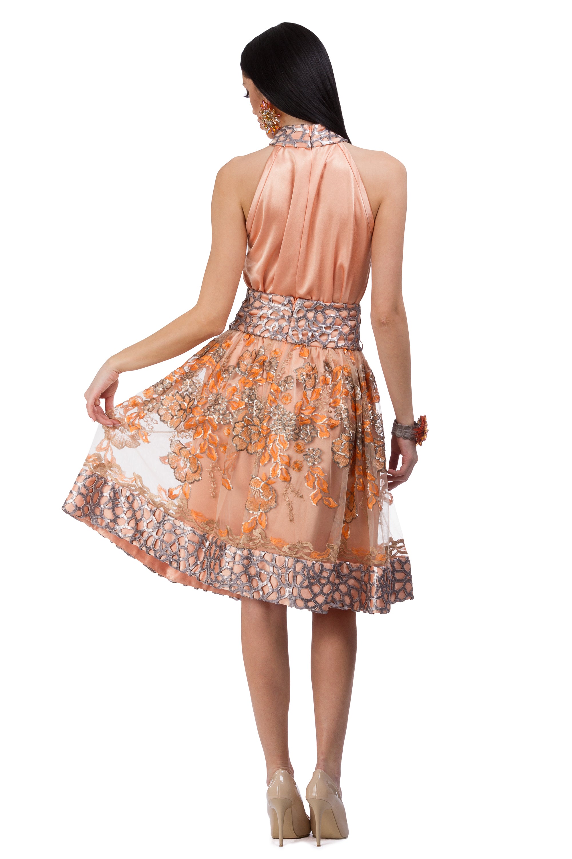 Peach-golden lace skirt with fine floral elements