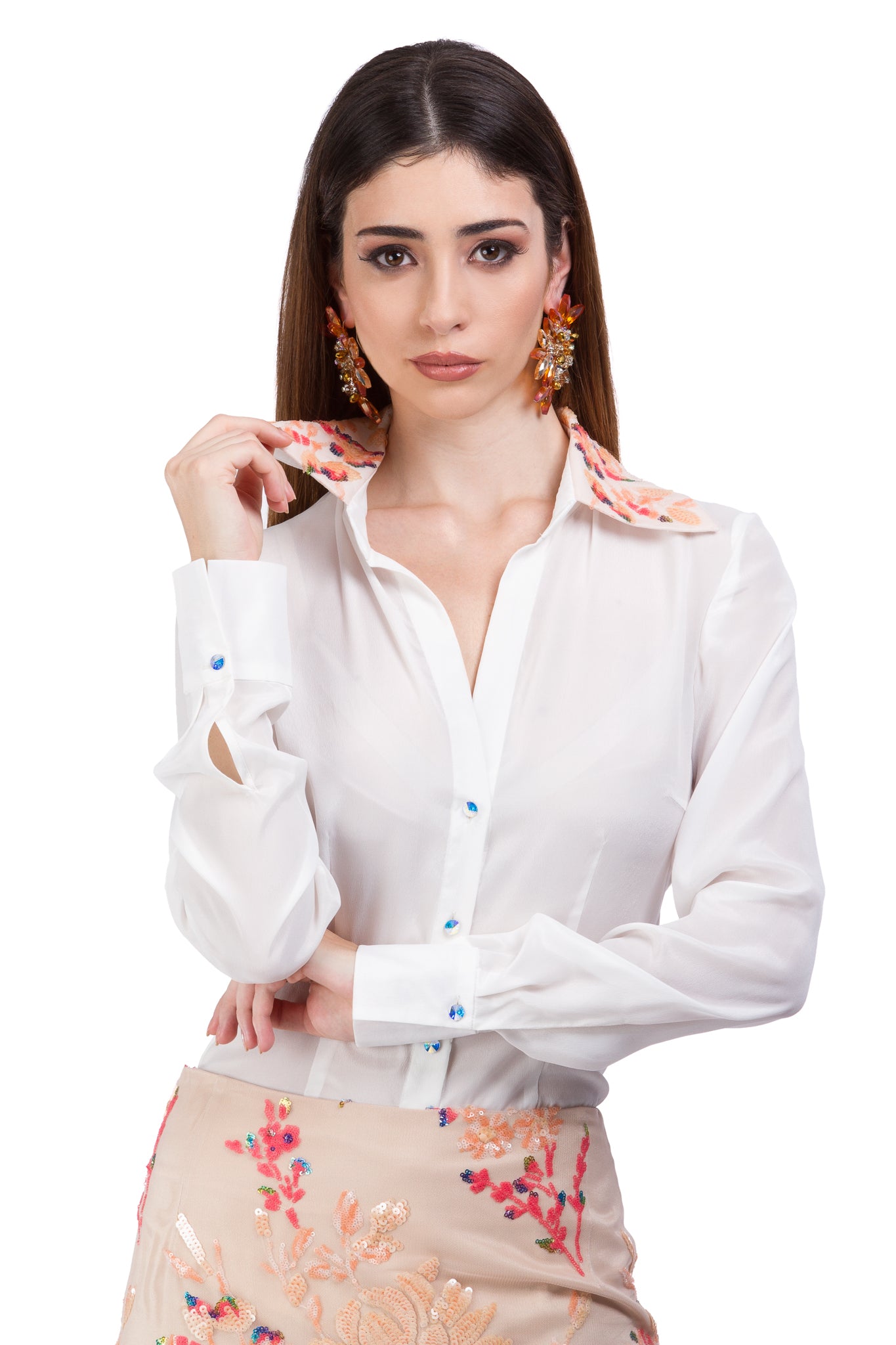 Silk white shirt with a sequin lace collar