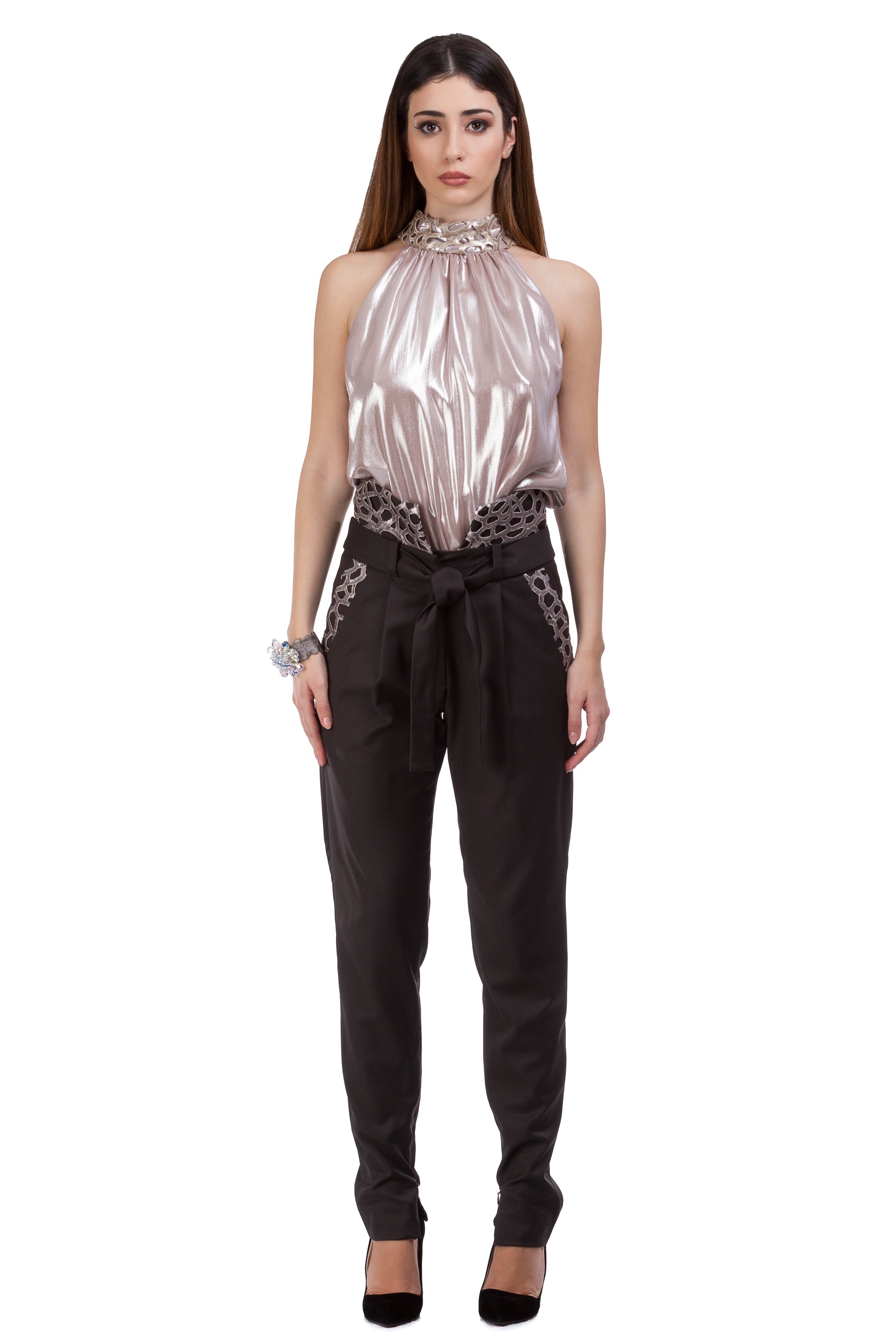 Cool wool trousers with knitted lace edged belt