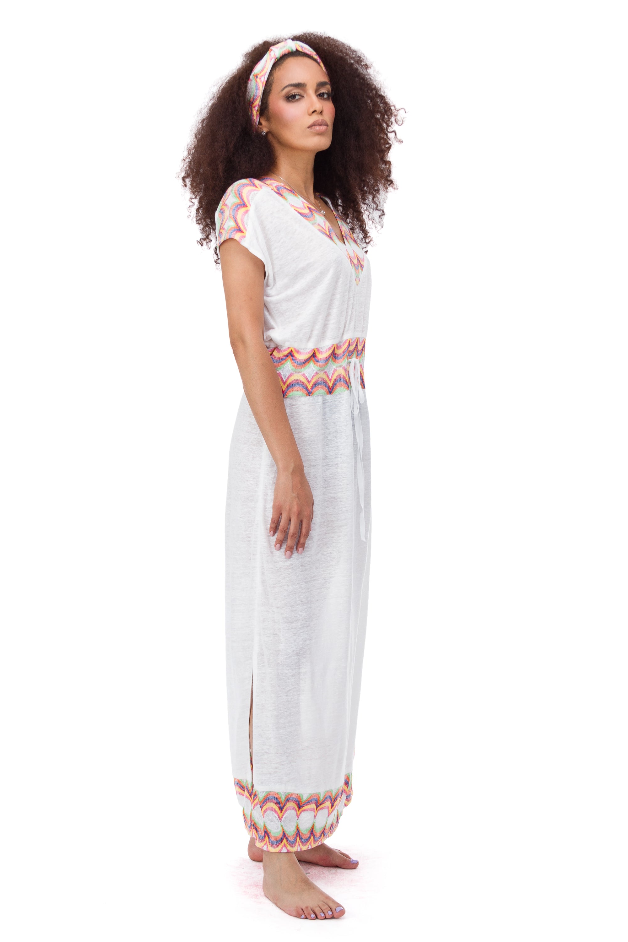 White linen and cotton dress with a color pattern