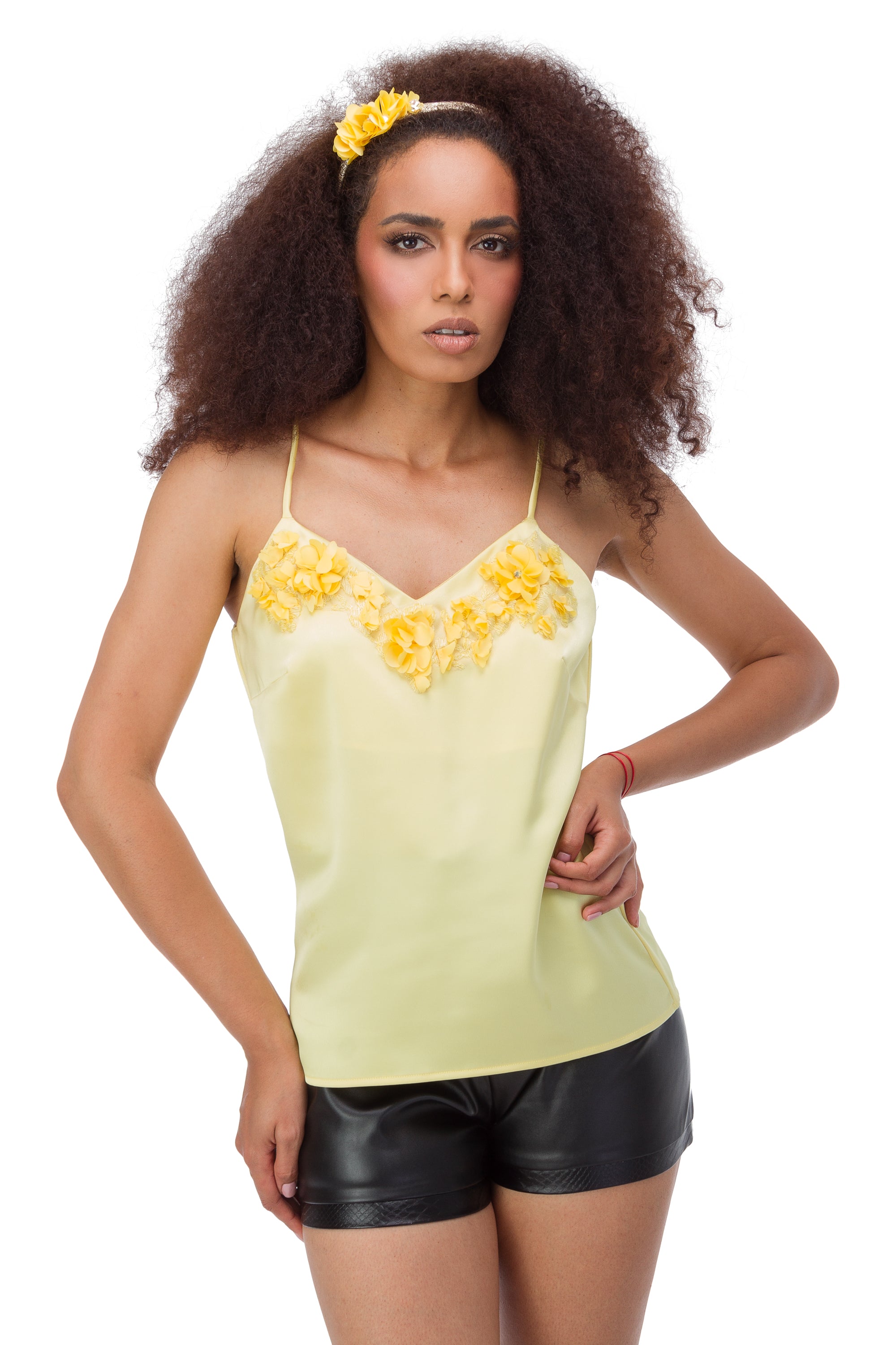 Yellow top with 3D flowers and Swarovski crystals