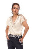 Cappuccino blouse with Brussels lace with sequins