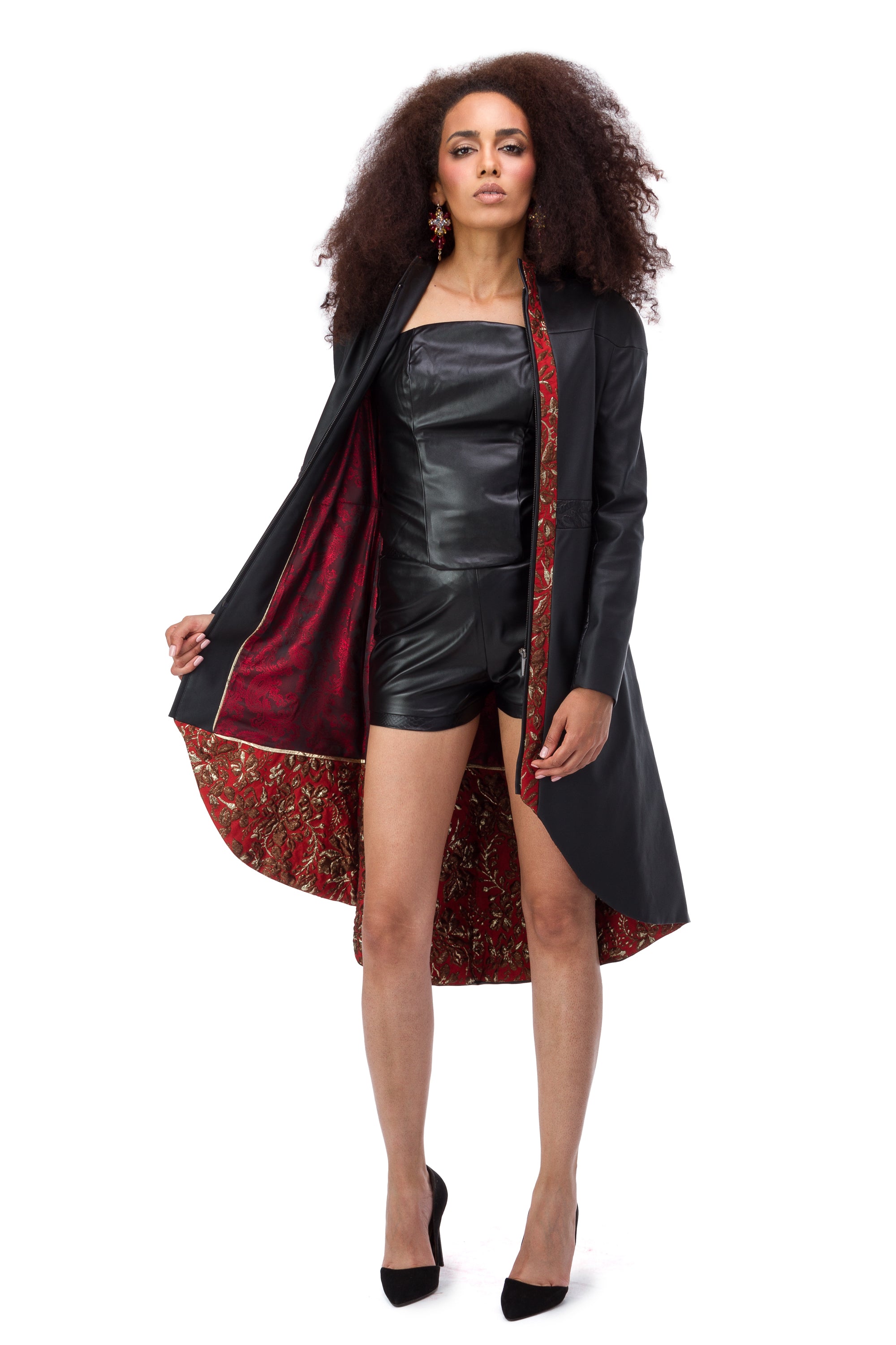 Black eco-leather coat with red jacquard elements