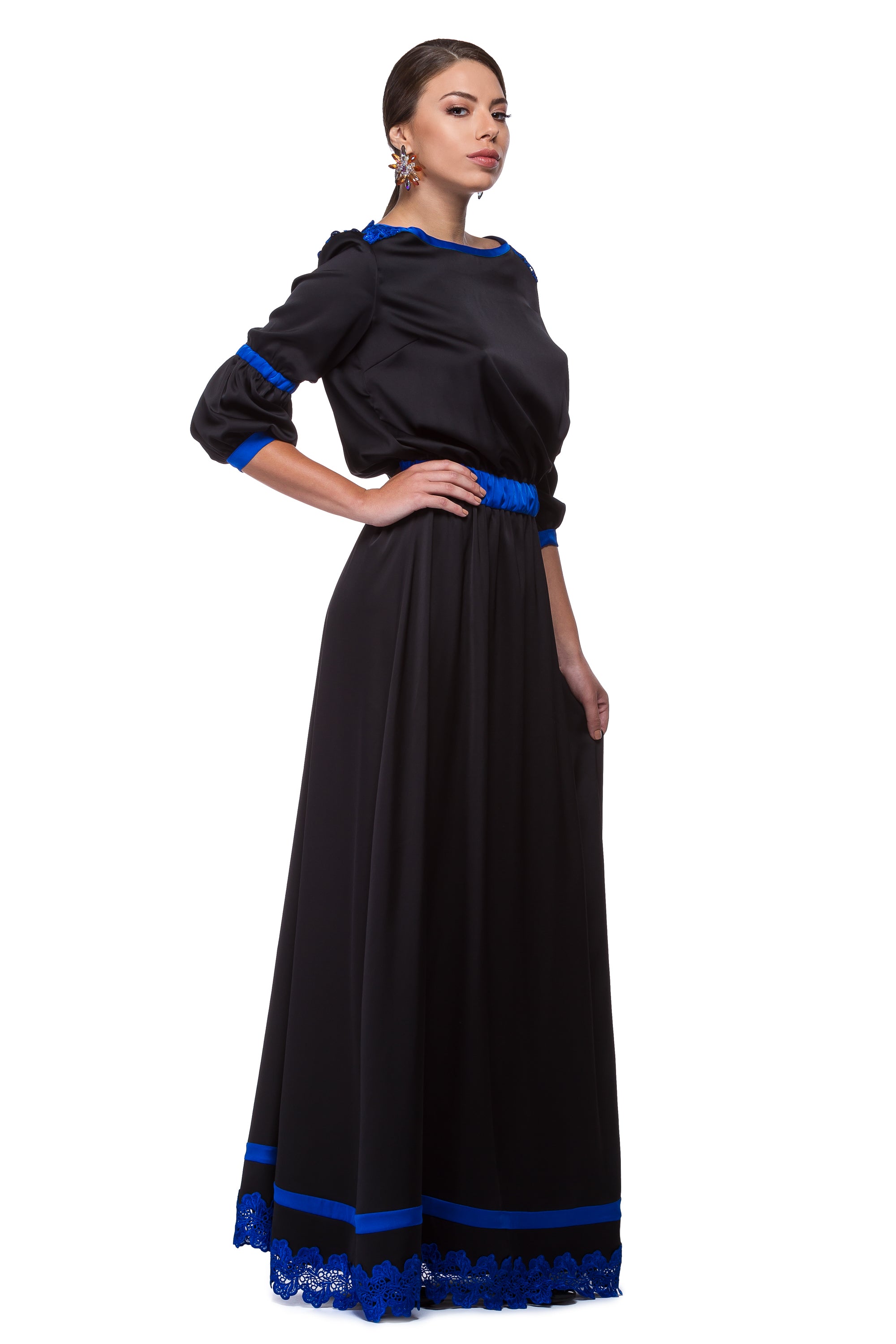 Long black dress with silk details and Brussels lace WDR-0001