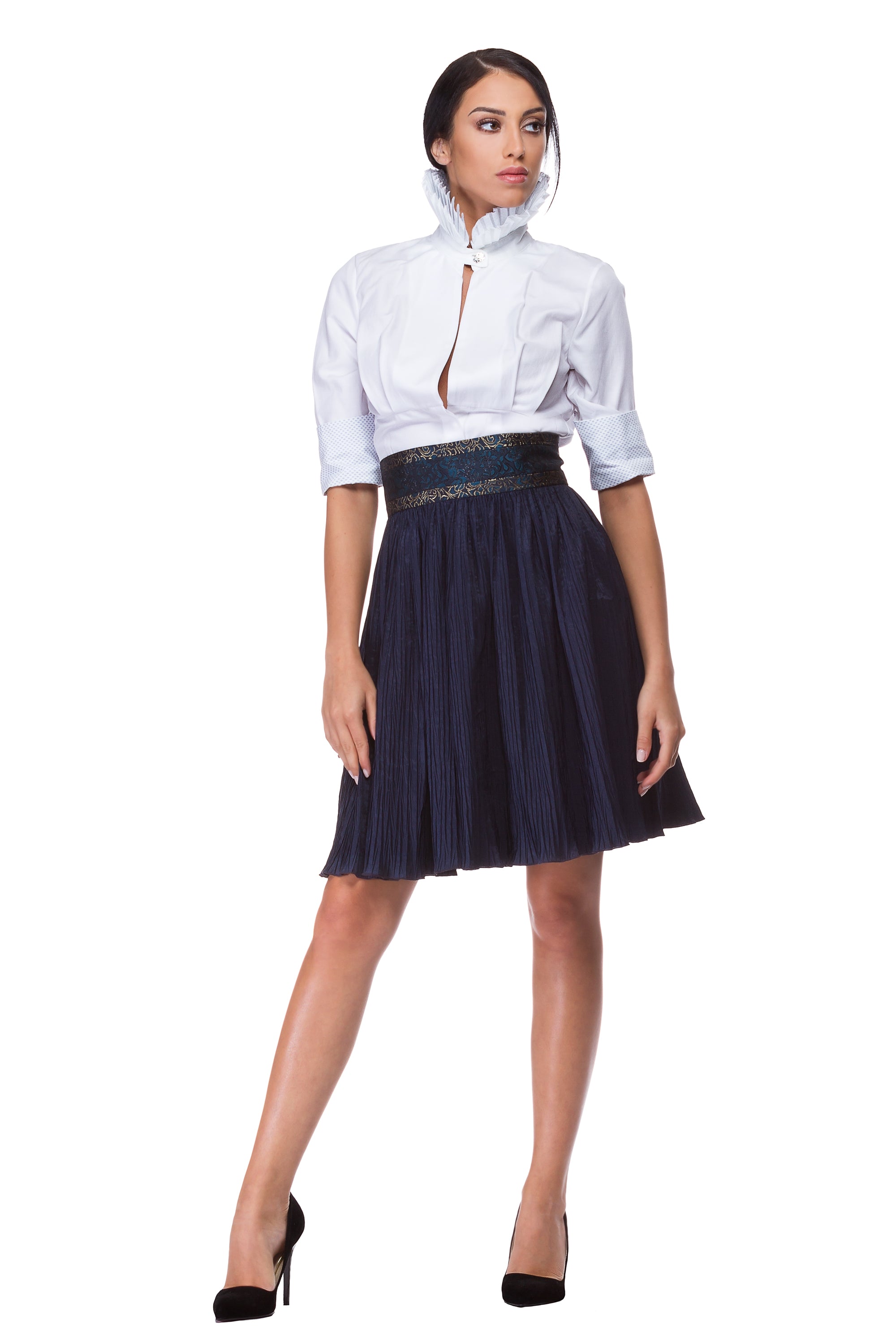 White half-sleeve cotton shirt with pleated high collar WSH-0004