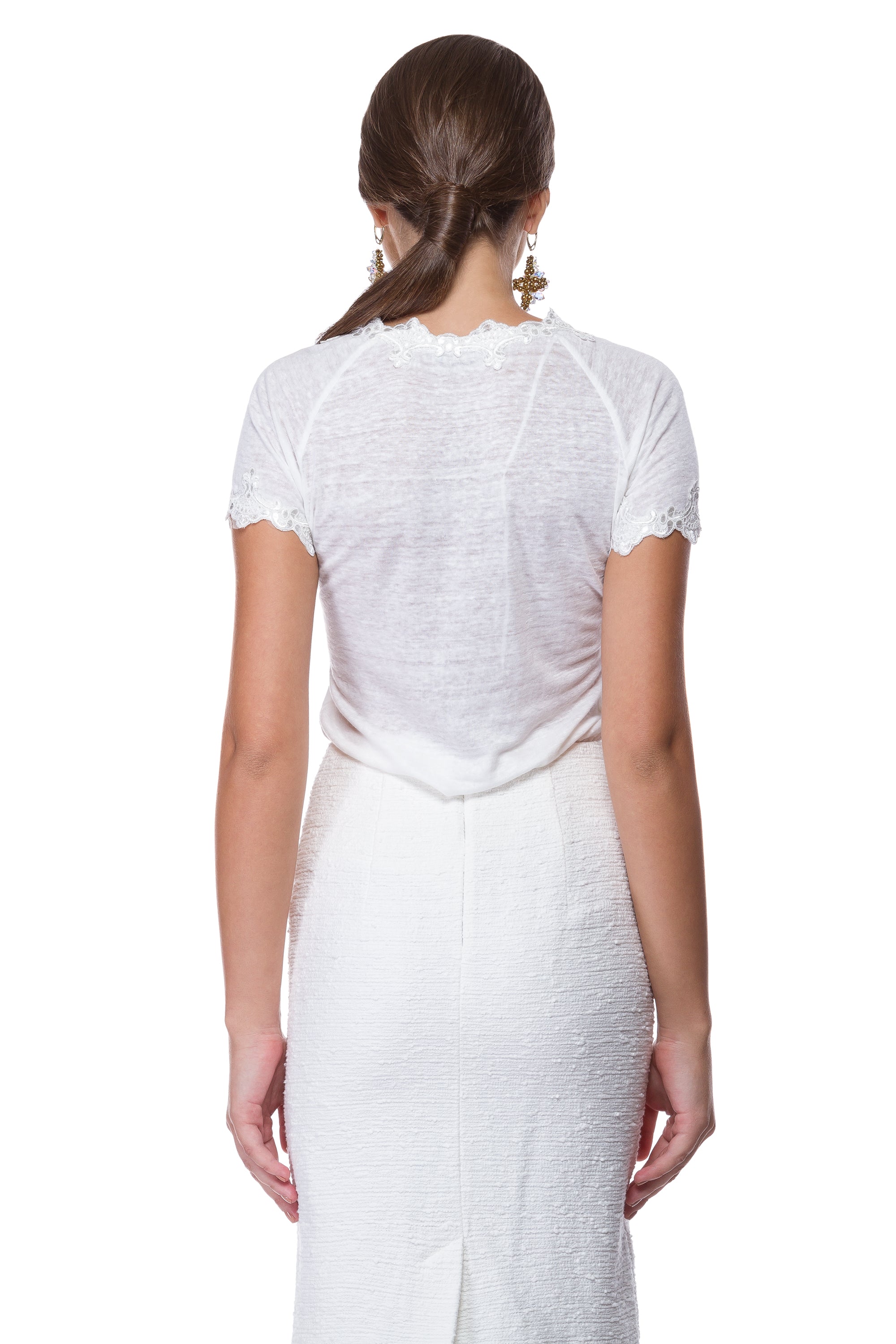 White linen blouse with Brussels lace WBL-0002