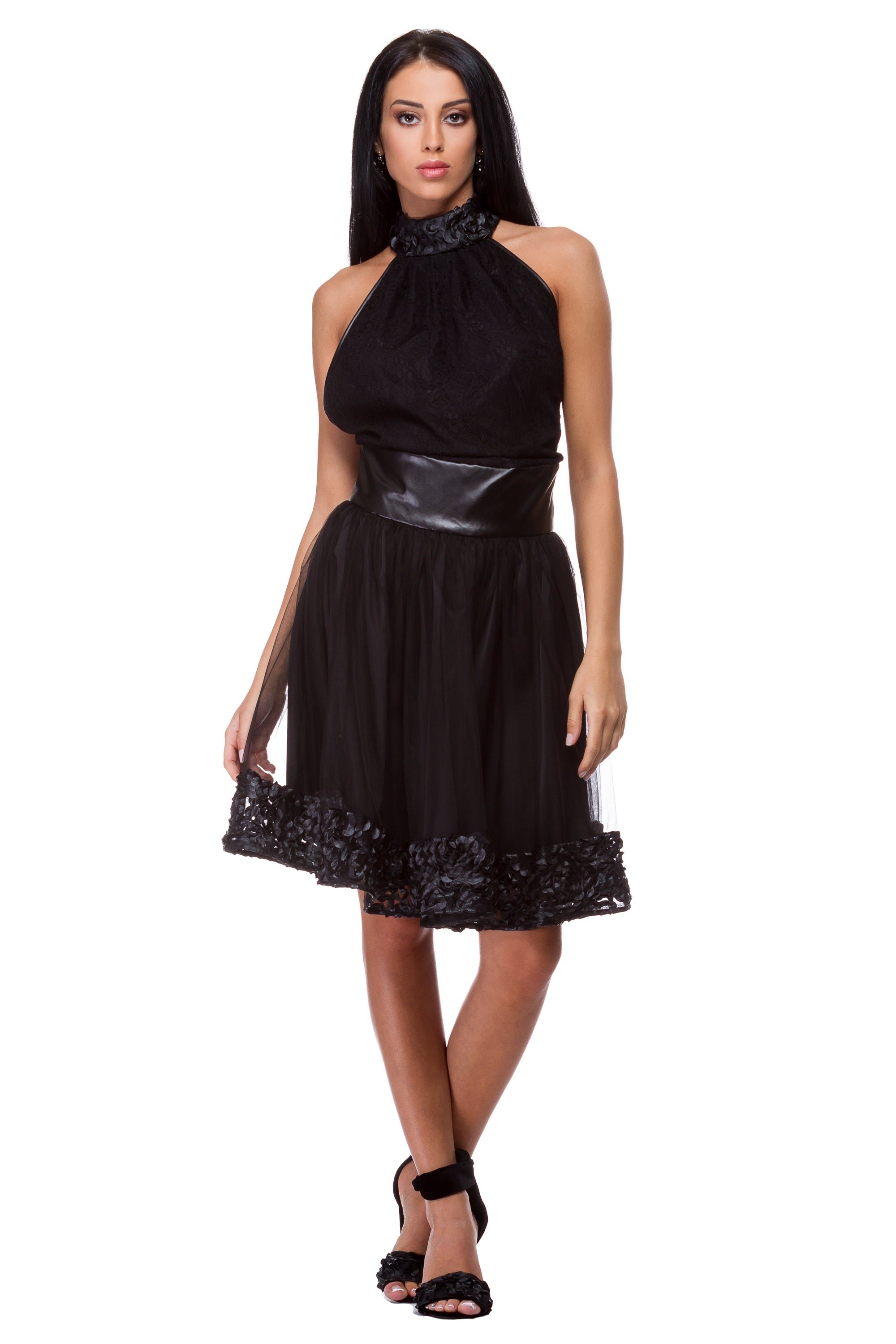 Open back black dress with leather flowers decoration WDR-0004