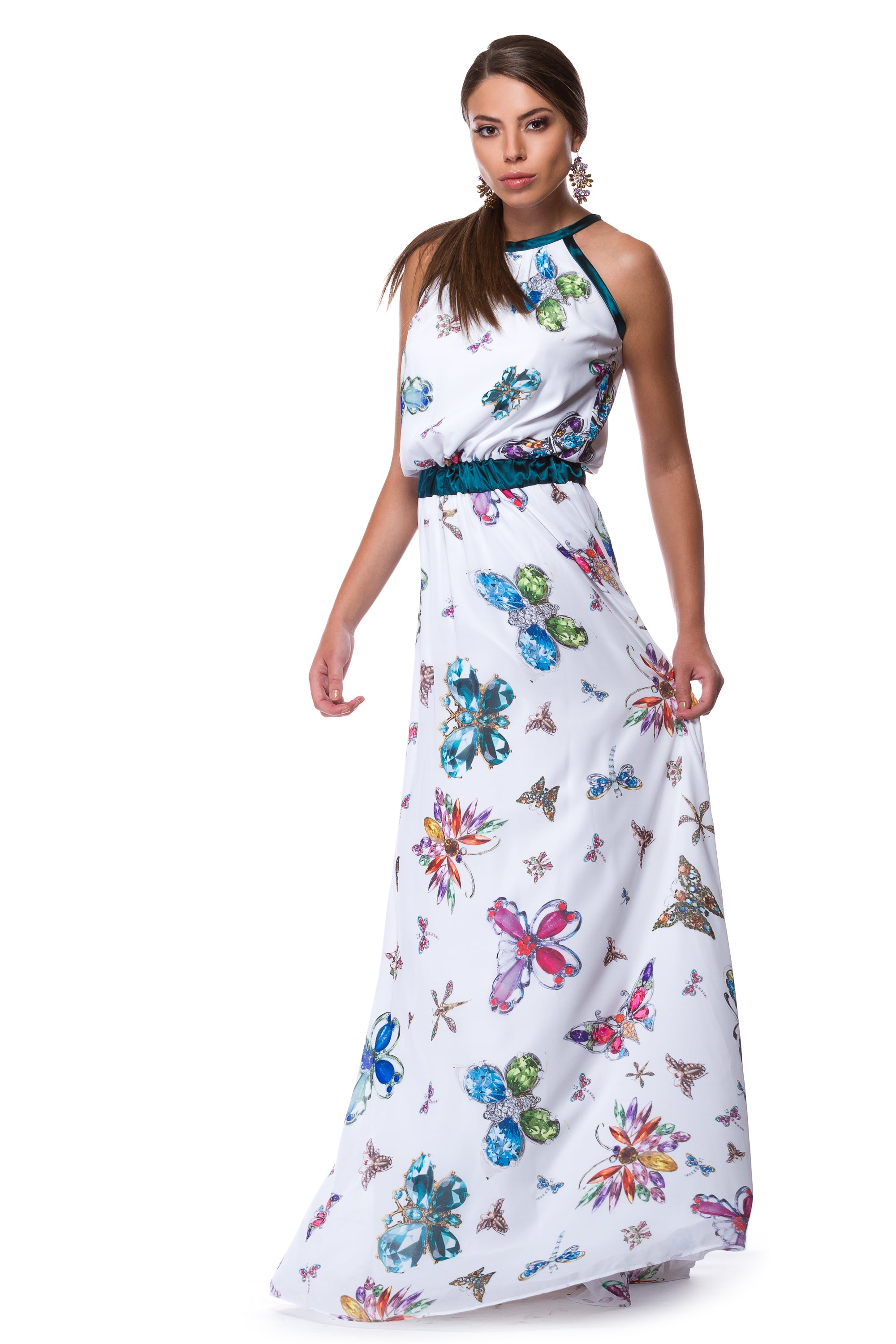 Long white chiffon dress with butterfly print WDR-0005