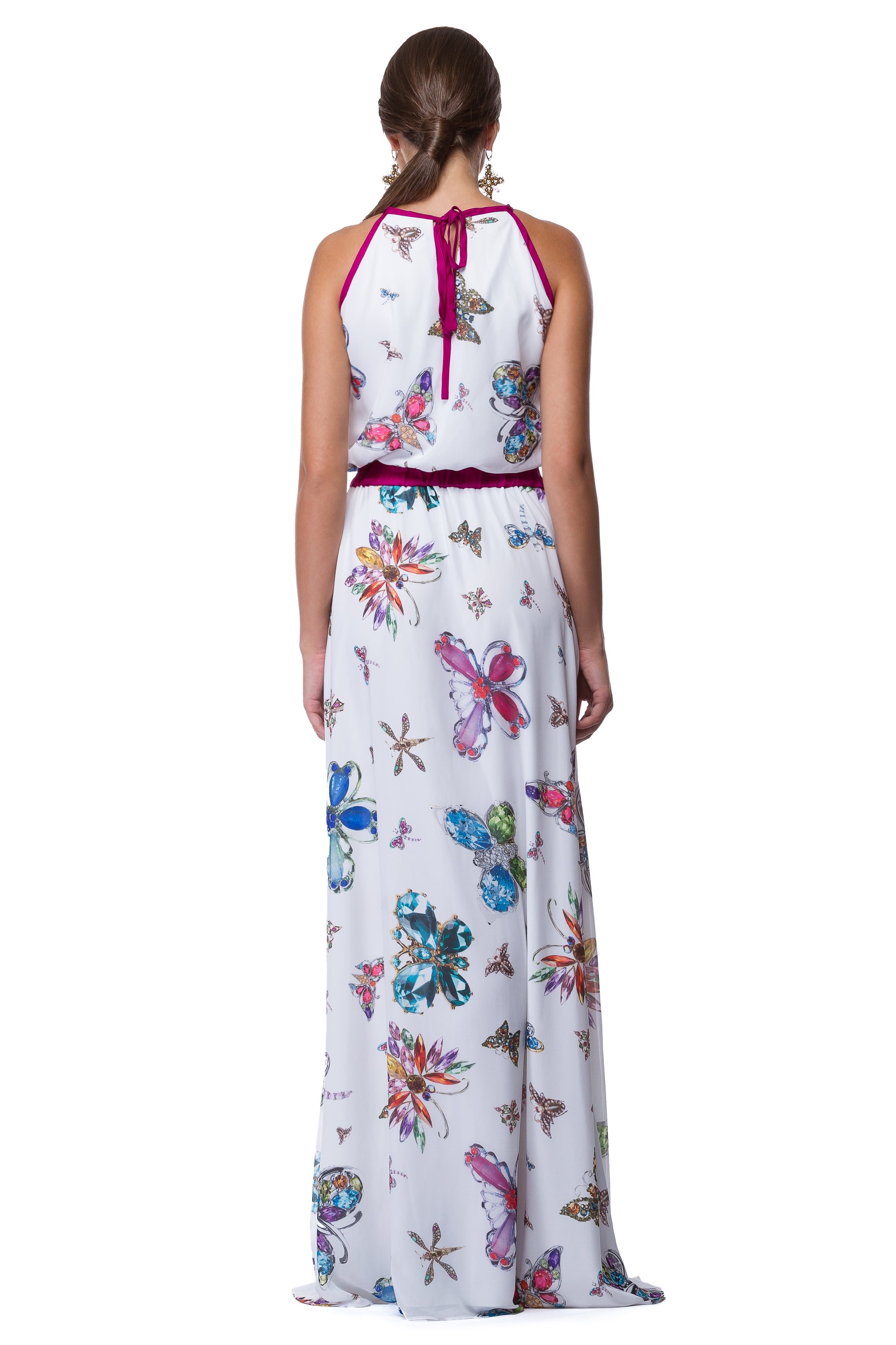 Long white chiffon dress with butterfly print WDR-0008